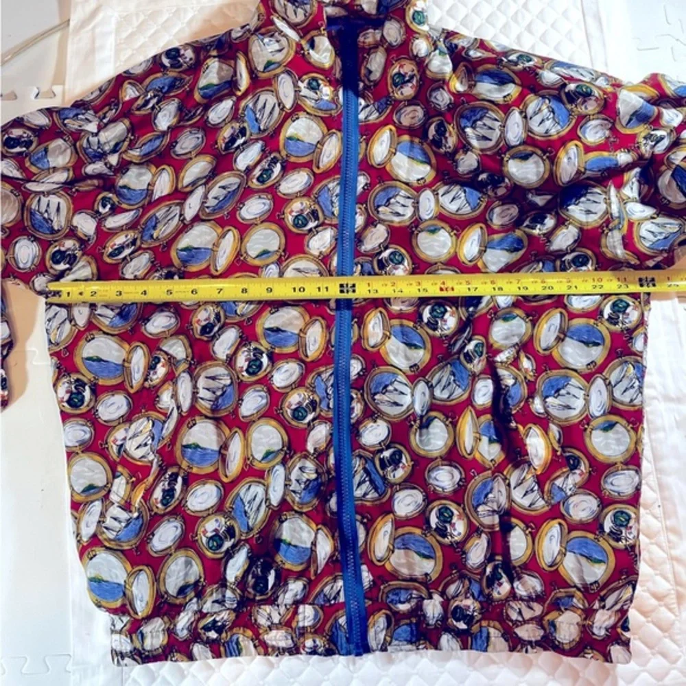 Vintage 1980's Bogari 100% Silk Red Nautical Zip Up Bomber Jacket‎ large women’s